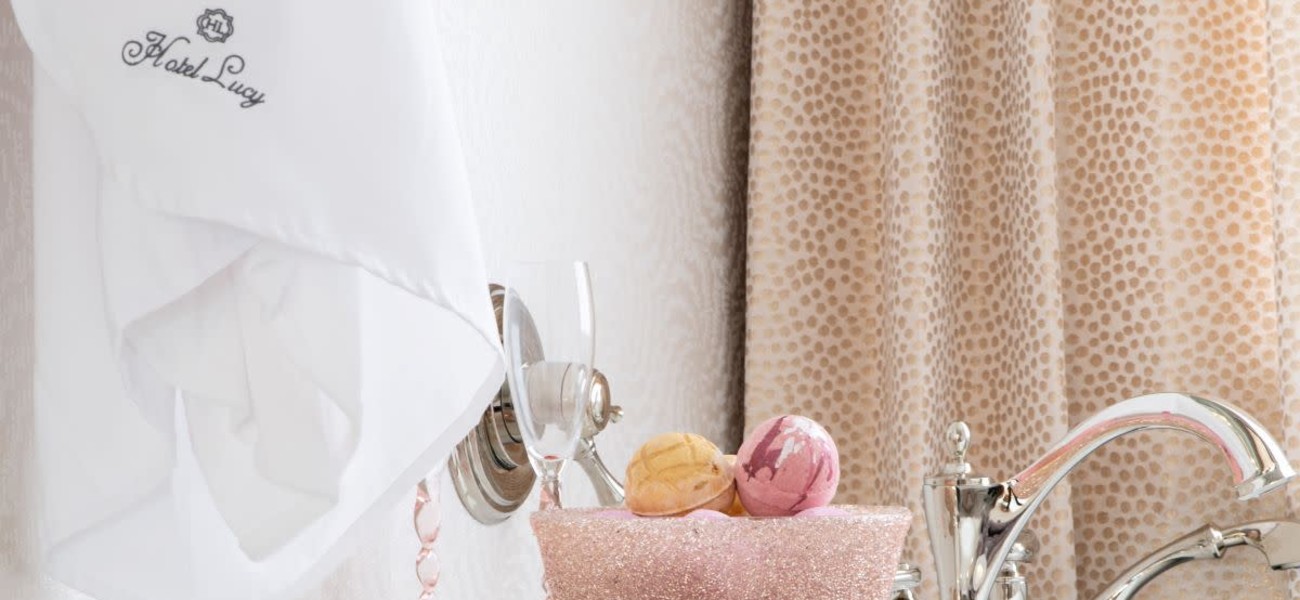 Texas Boutique Hotel Bath Bombs and Pink Curtain