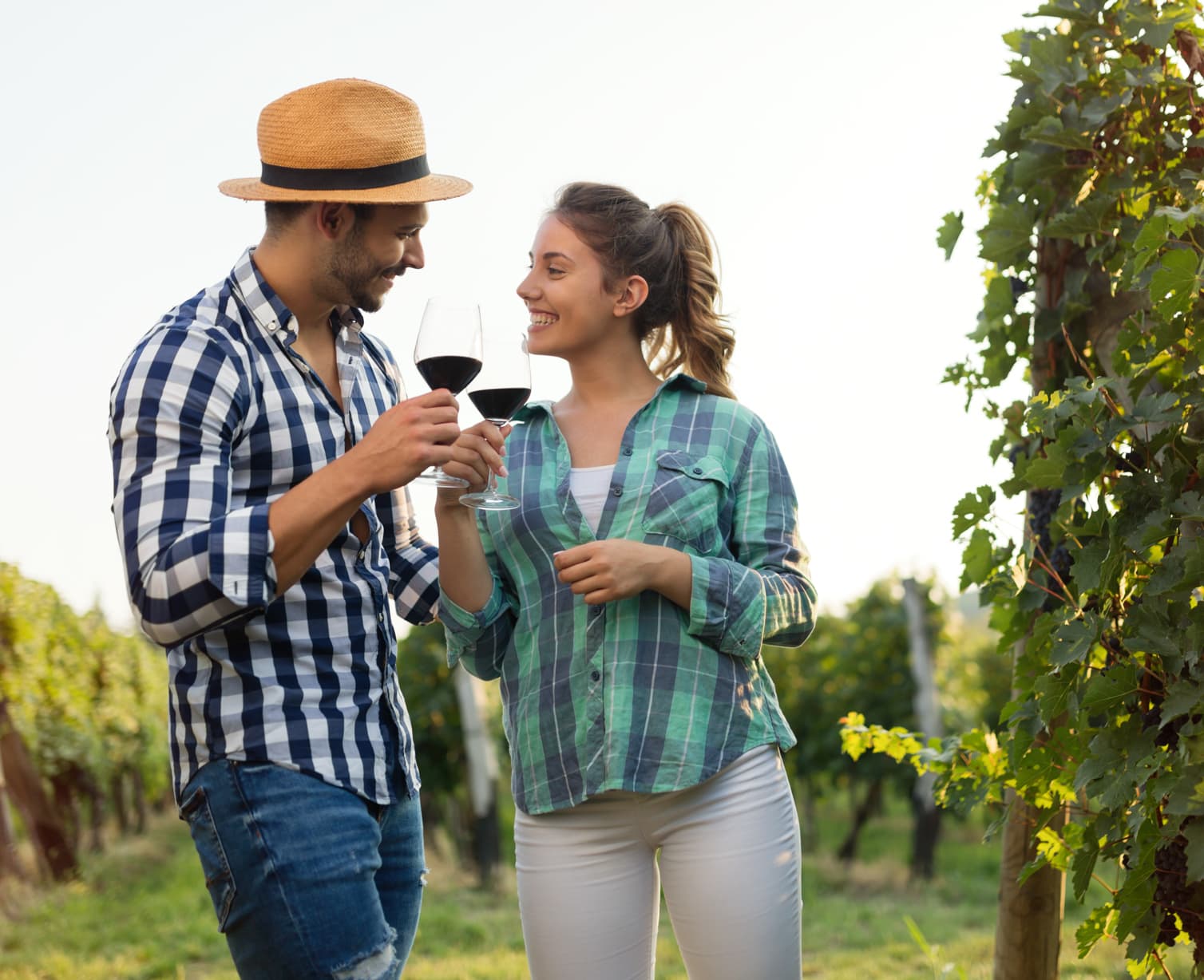 Couple wine tasting in a vineyard